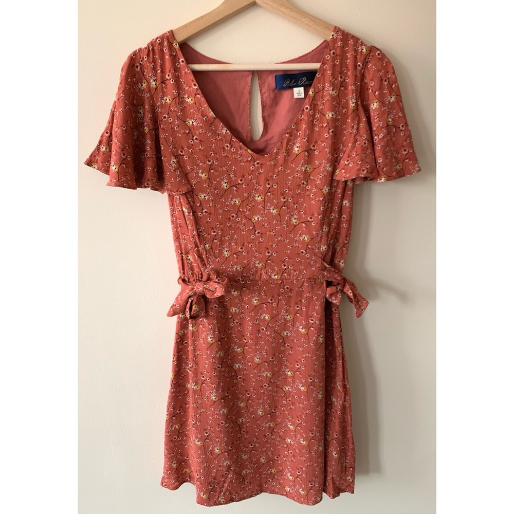 Blue Rain • Small • Floral Print Short Dress Flutter Sleeve